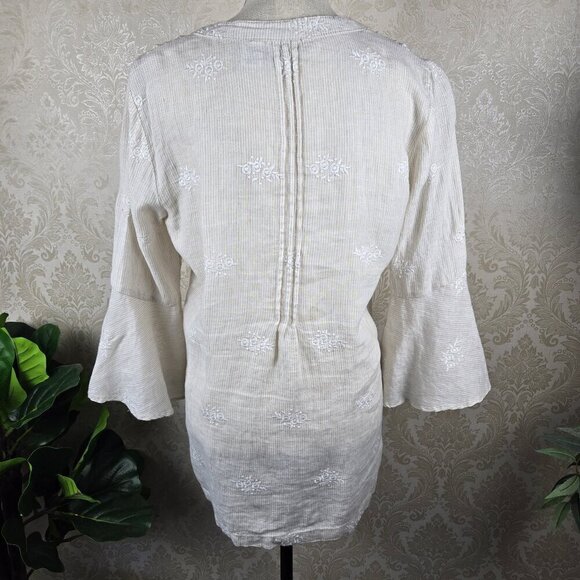 Antibes Blanc Size Small Cream White Striped Tunic Flared Sleeves Split Vneck - Picture 11 of 16
